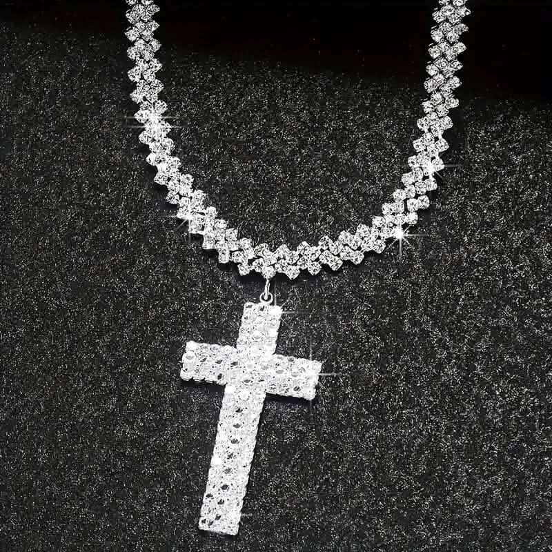 Sterling Silver 925 Luxury Cross Pendant Necklace with Multi-Layer Zircon and Sparkling Rhinestones