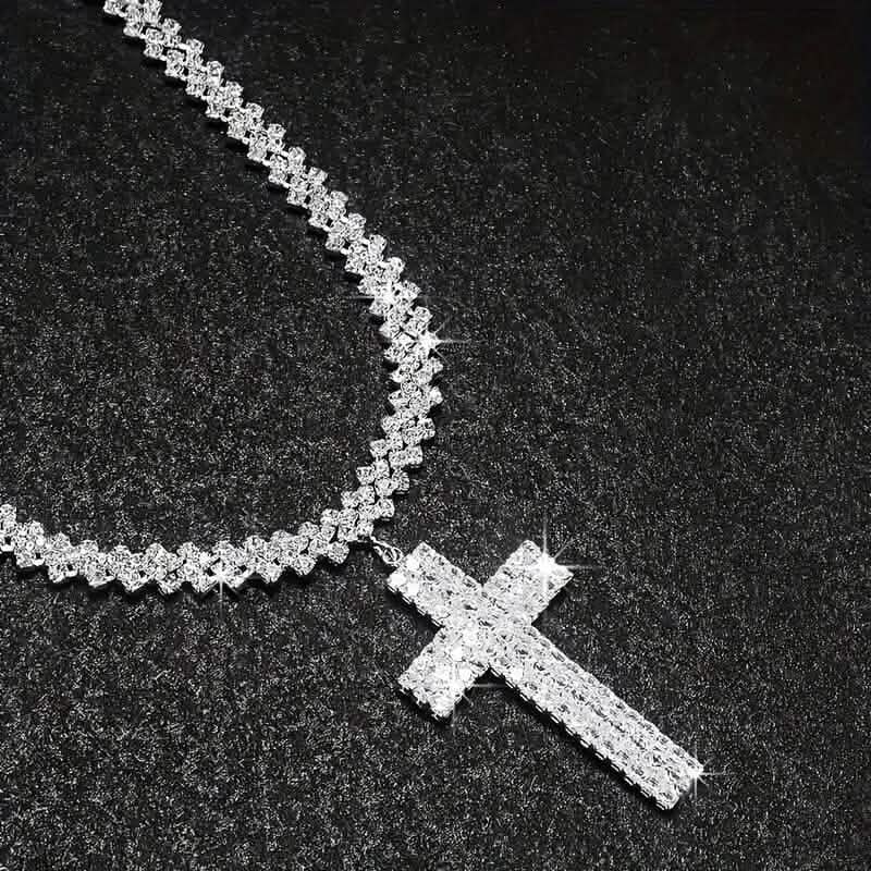 Sterling Silver 925 Luxury Cross Pendant Necklace with Multi-Layer Zircon and Sparkling Rhinestones