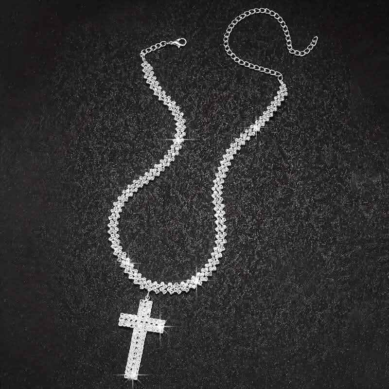 Sterling Silver 925 Luxury Cross Pendant Necklace with Multi-Layer Zircon and Sparkling Rhinestones