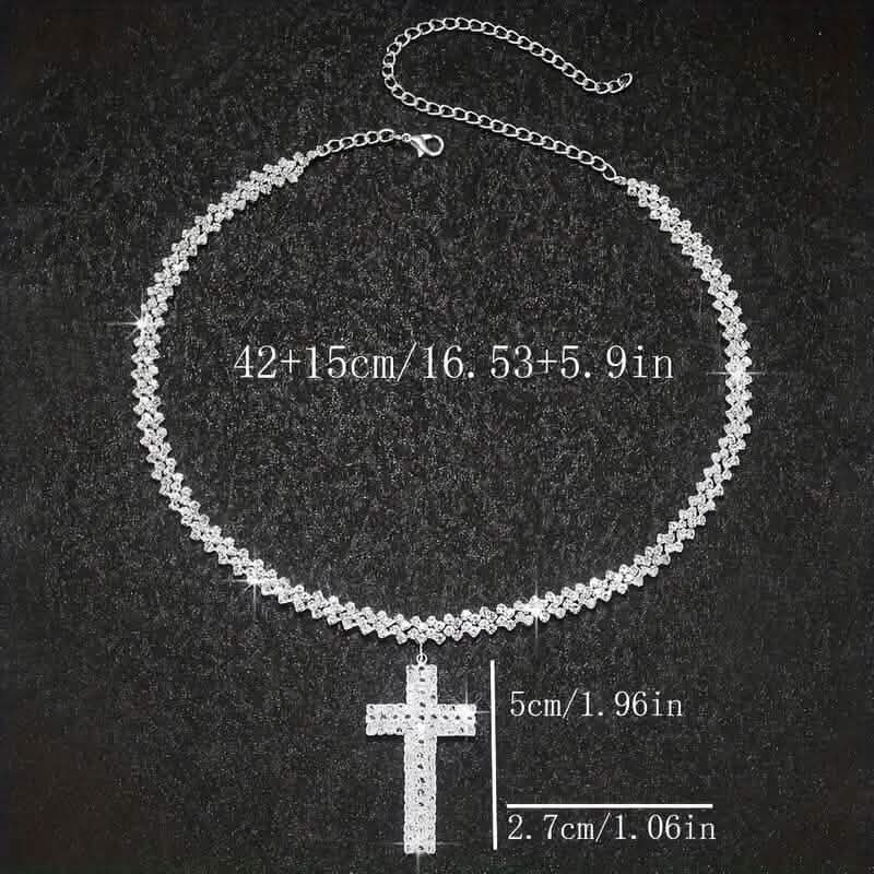 Sterling Silver 925 Luxury Cross Pendant Necklace with Multi-Layer Zircon and Sparkling Rhinestones