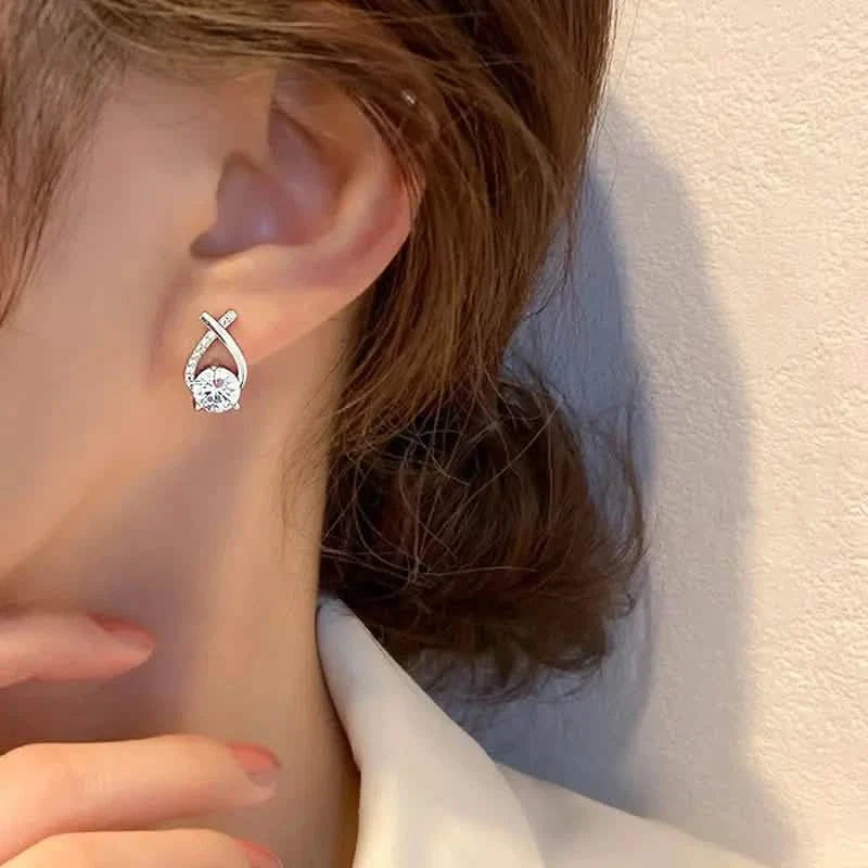 Vintage Style Stud Earrings - Embellished with Rhinestones, Cross Line Design