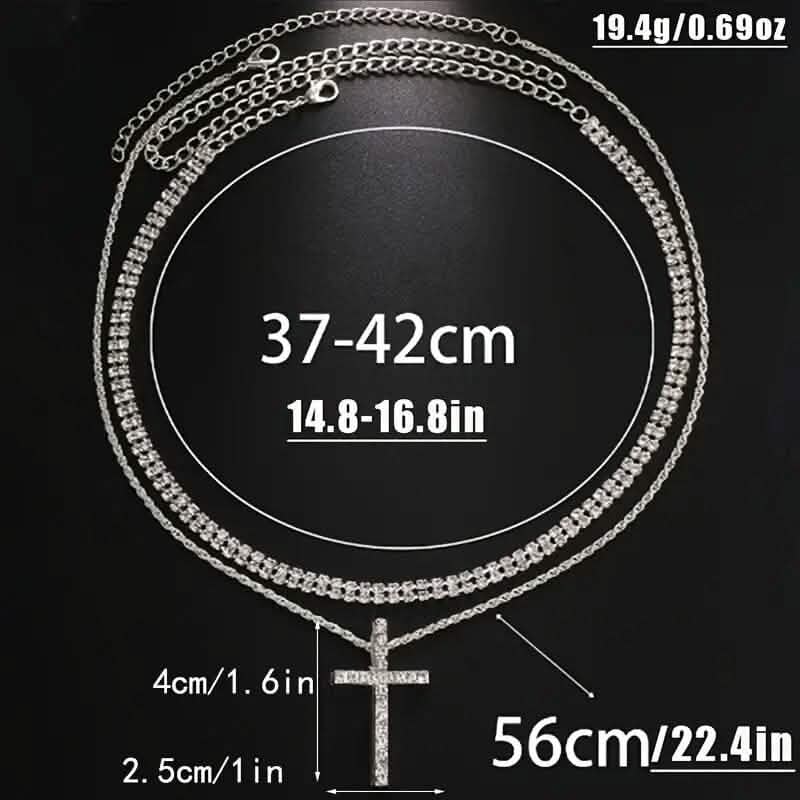 Women's Double Layer Artificial Crystal Cross Pendant Necklace