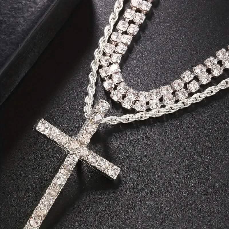 Women's Double Layer Artificial Crystal Cross Pendant Necklace