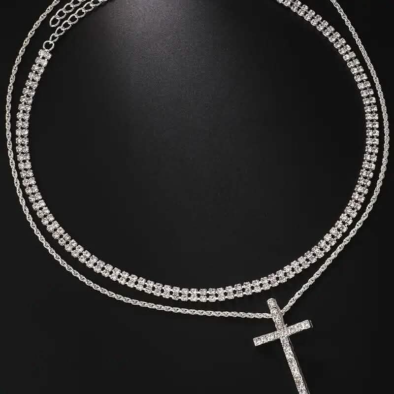 Women's Double Layer Artificial Crystal Cross Pendant Necklace