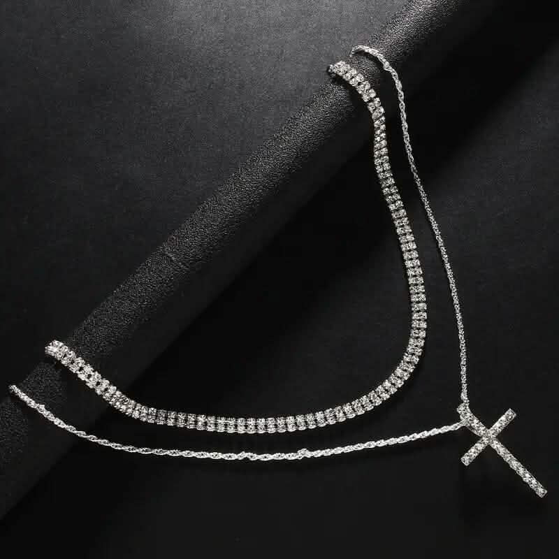 Women's Double Layer Artificial Crystal Cross Pendant Necklace
